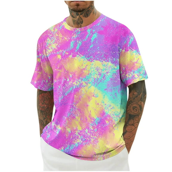 NuoCaiYun Tops for Men Casual Fashion Tie-Dye Print Short Sleeve Round-Neck Blouses T-Shirt
