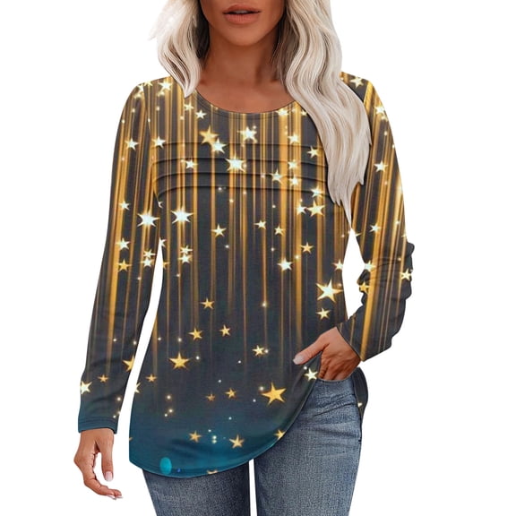 NuoCaiYun Tops for Women Long Sleeve Blouses Dressy Casual Crewneck Pleated Tunic Shirts Loose Fashion Clothes