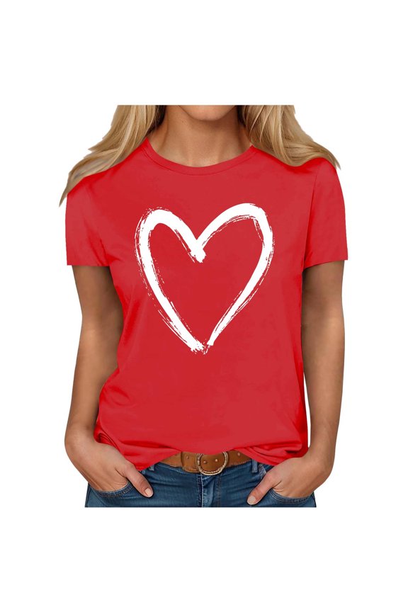 Trendy Valentine'S Blouses Women'S Casual Short-Sleeve Heart Print T-Shirt Round Neck Summer Tops