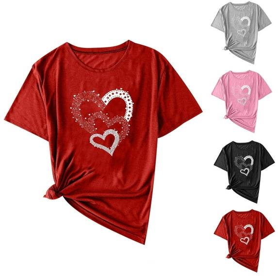 NuoCaiYun Trendy Valentine'S Blouses Women'S Casual Short-Sleeve Heart-Shaped Print T-Shirt Round Neck Summer Tops