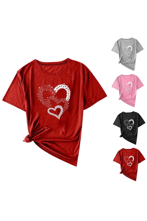 Trendy Valentine'S Blouses Women'S Casual Short-Sleeve Heart-Shaped Print T-Shirt Round Neck Summer Tops