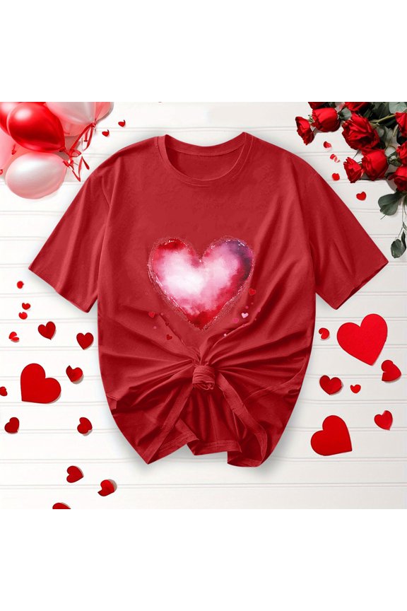 Trendy Valentine'S Blouses Women'S Summer Casual Short-Sleeve Heart Print T-Shirt Round Neck Tops