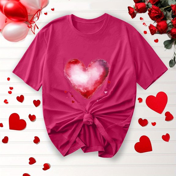 NuoCaiYun Trendy Valentine'S Blouses Women'S Summer Casual Short-Sleeve Heart Print T-Shirt Round Neck Tops