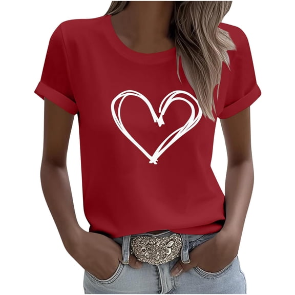 NuoCaiYun Trendy Valentine'S T-Shirt Women'S Casual Loose Short-Sleeve Print Blouses Round Neck Summer Tops