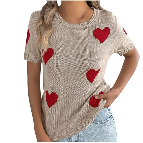 NuoCaiYun Trendy Valentines T-Shirt for Women Summer Heart-Shaped Print Casual Round Neck Short-Sleeve Tops Blouses
