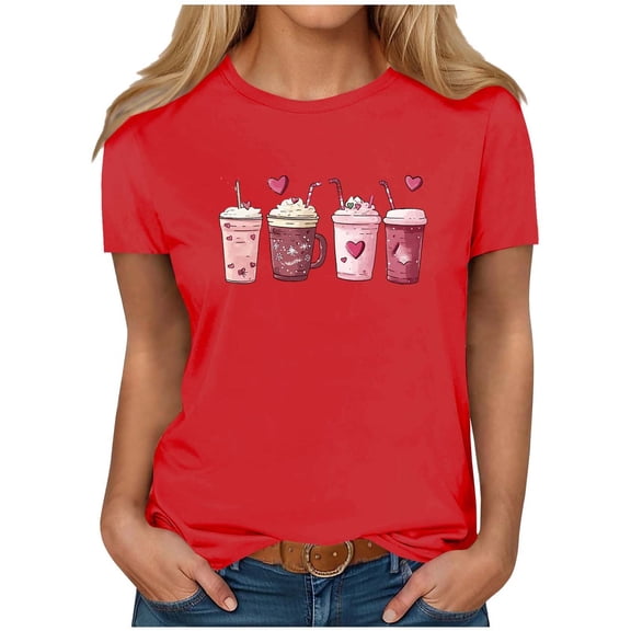 NuoCaiYun Trendy Valentines T-Shirt for Women Summer Printed Casual Round Neck Short-Sleeve Tops Fashionable Blouses