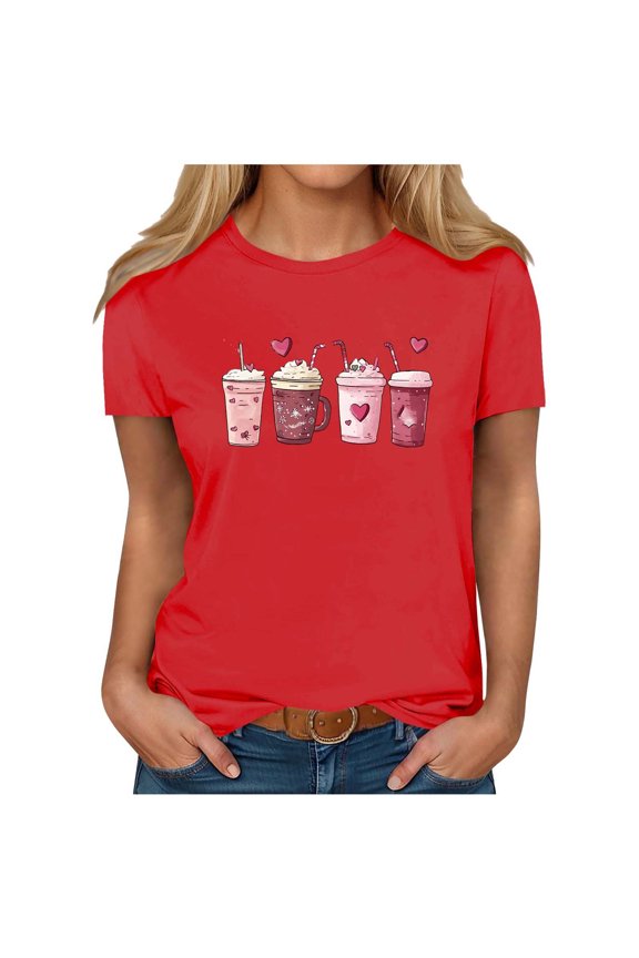 Trendy Valentines T-Shirt for Women Summer Printed Casual Round Neck Short-Sleeve Tops Fashionable Blouses