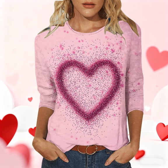 NuoCaiYun Valentine 3/4 Sleeve T Shirts for Women Crew Neck Love Heart Printed Graphic Tee Tops Valentine's Day Gift
