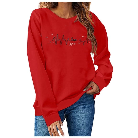 NuoCaiYun Valentine Day Sweatshirt for Women Heart Love Valentines Print Long Sleeve Casual Round Neck Pullover Top