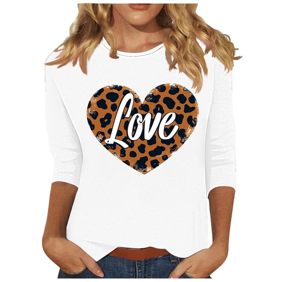 NuoCaiYun Valentine'S Day Blouse Women'S Comfortable Round-Neck 3/4 Sleeve Heart Print Casual T-Shirt