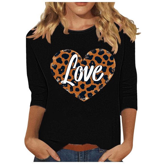 NuoCaiYun Valentine'S Day Blouse Women'S Comfortable Round-Neck 3/4 Sleeve Heart Print Casual T-Shirt