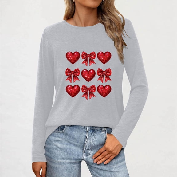 NuoCaiYun Valentine'S Day Tshirts Tops Women'S Fashion Print Round-Neck Long Sleeve Casual Regular Comfy Blouse