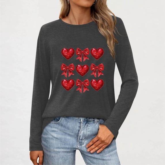 NuoCaiYun Valentine'S Day Tshirts Tops Women'S Fashion Print Round-Neck Long Sleeve Casual Regular Comfy Blouse