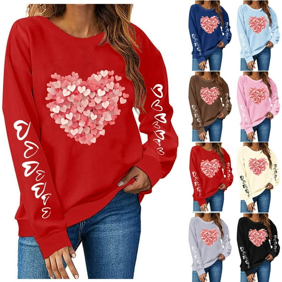 NuoCaiYun Valentine'S Sweatshirts Women'S Fashion Long Sleeve Round Neck T-Shirt Heart Printed Loose Polyester Blouses