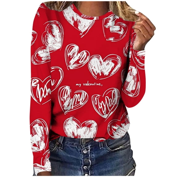 NuoCaiYun Valentines Tees for Women Women's Fashion Casual Round Neck Long Sleeve Love Heart Printed T-Shirt Tops
