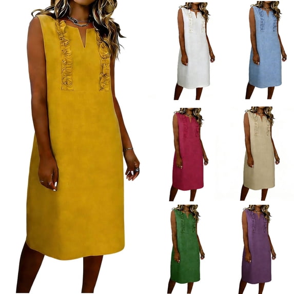 NuoCaiYun Vintage Sleeveless Dresss for Women V Neck Cotton Linen Summer Dresses Ruffle Beach Vacation Midi Sun Dress Loose Casual Tank Dress