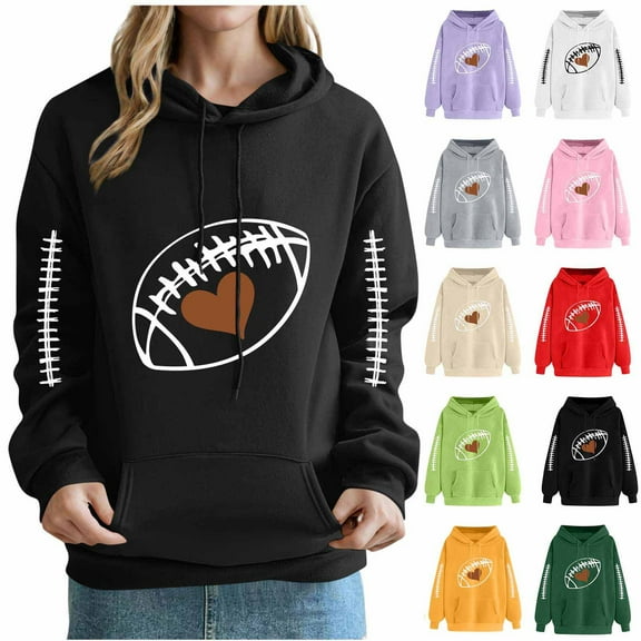 NuoCaiYun Winter Hoodies Women'S Rugby Print Pocket Drop-Shoulder Sleeve Long-Sleeved Hooded Sweatshirts