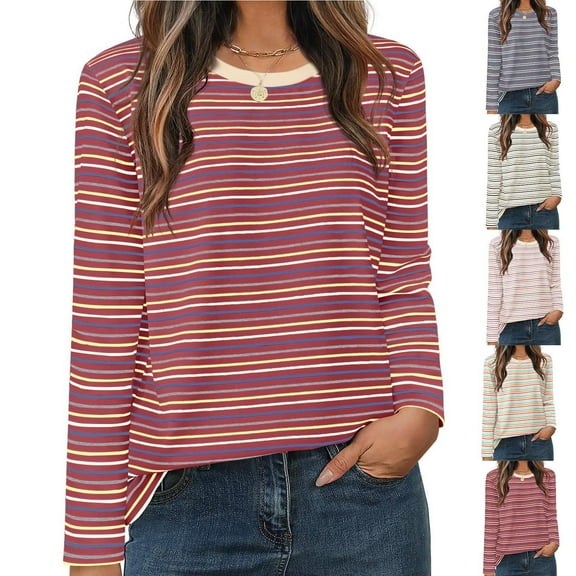 NuoCaiYun Women Blouses Fashionable Casual and Versatile Round-Neck Long-Sleeve Striped Printed Pullover Tops