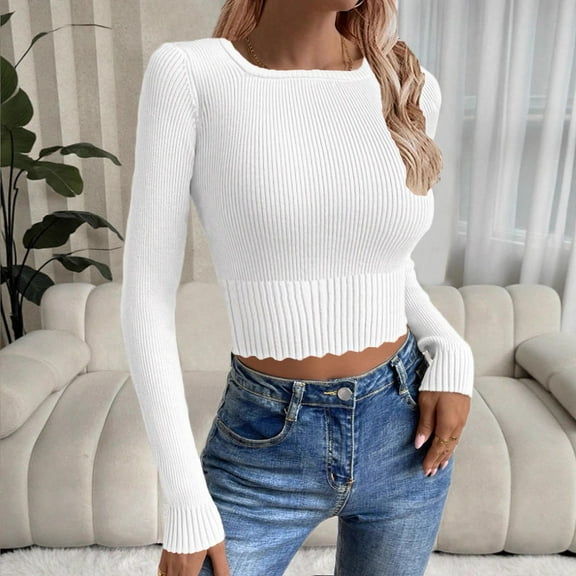 NuoCaiYun Women Fashionable Long-Sleeve Round-Neck Blouses Solid Sweater Pullover Tops