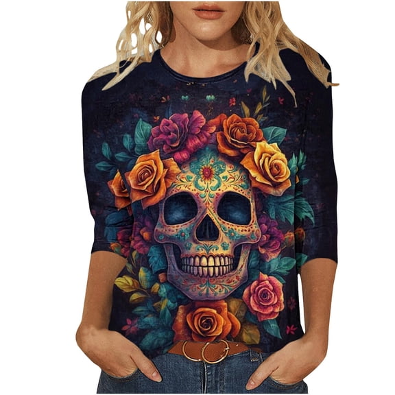 NuoCaiYun Women Long Sleeve Graphic Tee, Ladies Day Of The Dead Printed Round Neck 3/4 Sleeve T-Shirt Loose Tops
