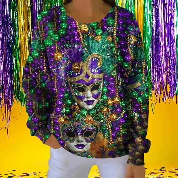 NuoCaiYun Women Mardi Gras Sweatshirts Carnival Long Sleeve Pullover Fashionable Purple Yellow Green Tops