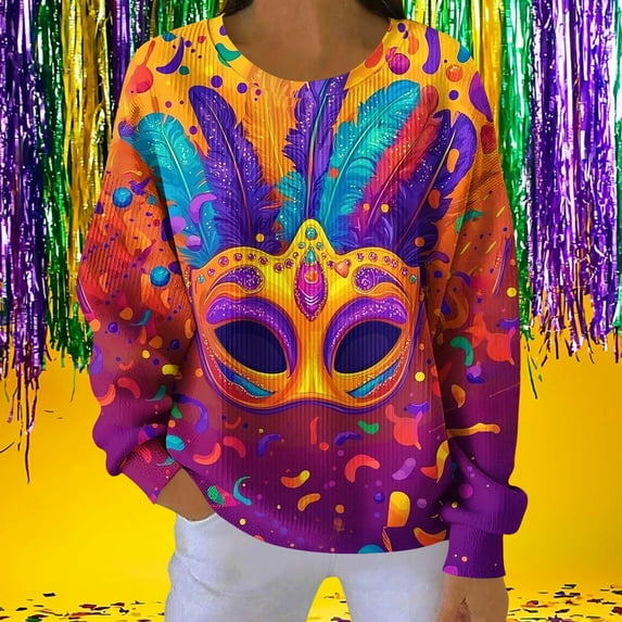 NuoCaiYun Women Mardi Gras Sweatshirts Carnival Long Sleeve Pullover Fashionable Purple Yellow Green Tops