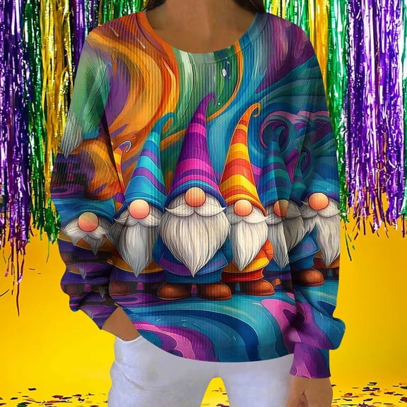 NuoCaiYun Women Mardi Gras Sweatshirts Carnival Long Sleeve Pullover Fashionable Purple Yellow Green Tops