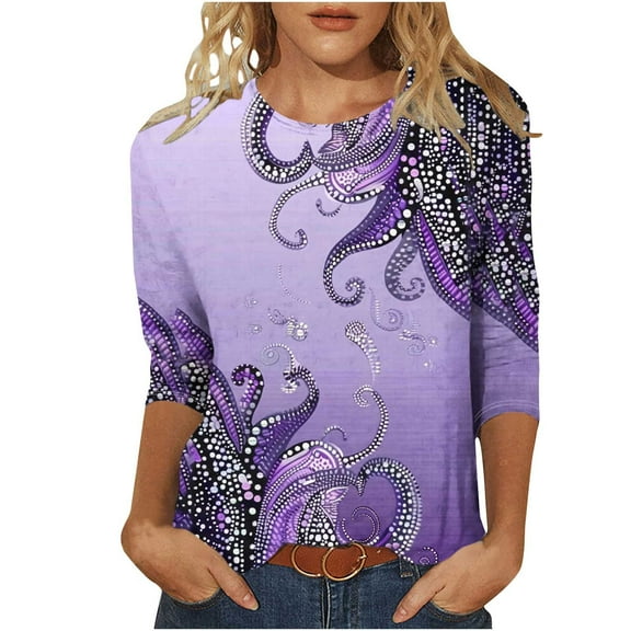NuoCaiYun Women'S 3/4 Sleeve T-Shirt Floral Print Round Neck Three Quarter Sleeve Loose Plus Size Blouses