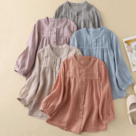 NuoCaiYun Women'S Cotton-Linen Shirts Loose-Fit Casual Lightweight Sun Protection Blouse Long-Sleeve Crew Neck Tops
