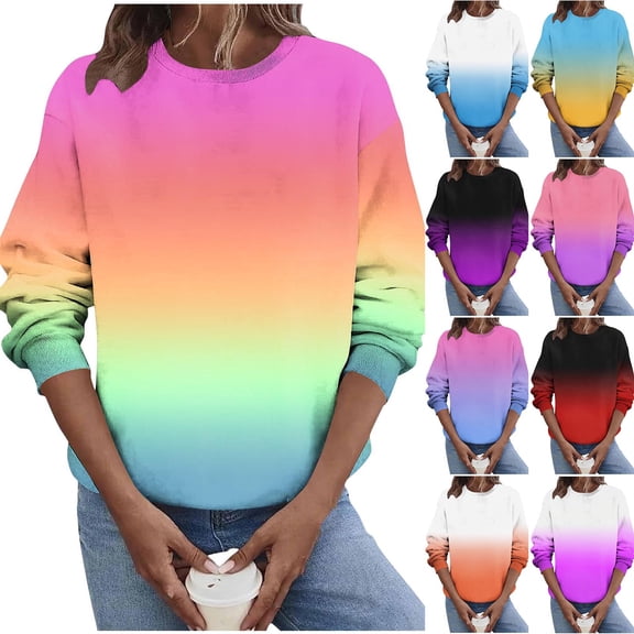 NuoCaiYun Women'S Fashion Gradient Printed Loose Long Sleeve Blouse Round Neck Hoodless Sweatshirts
