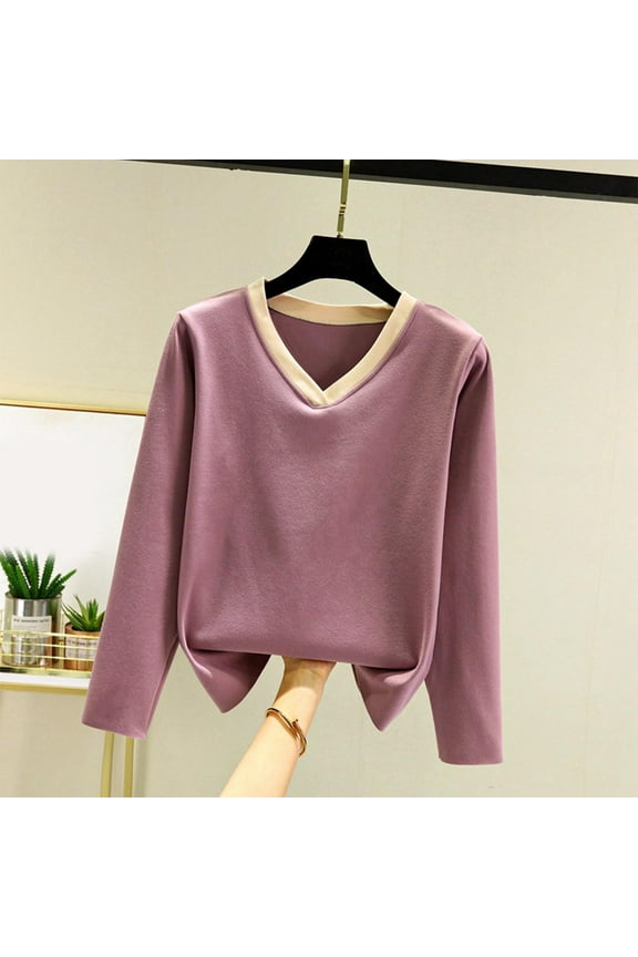 Women'S Fashion Solid Color Reversible Double-Faced Wool Blend Thickened Warm V-Neck Contrast Long-Sleeve Tops