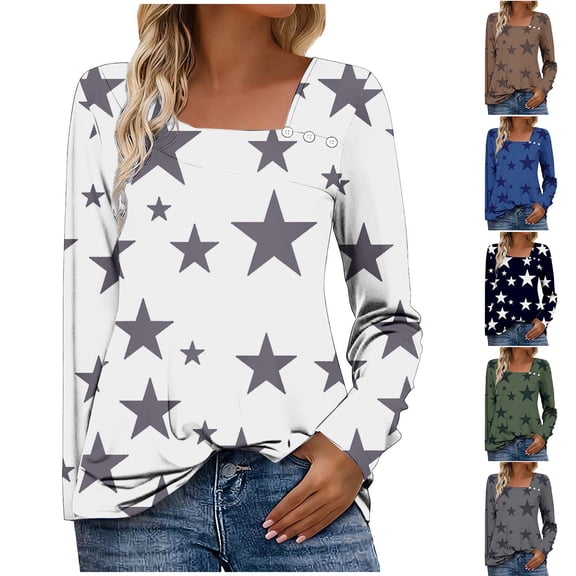 NuoCaiYun Women'S Slouchy Crewneck Buttoned Fashion Star Print Loose Casual Long Sleeve T-Shirt Tops