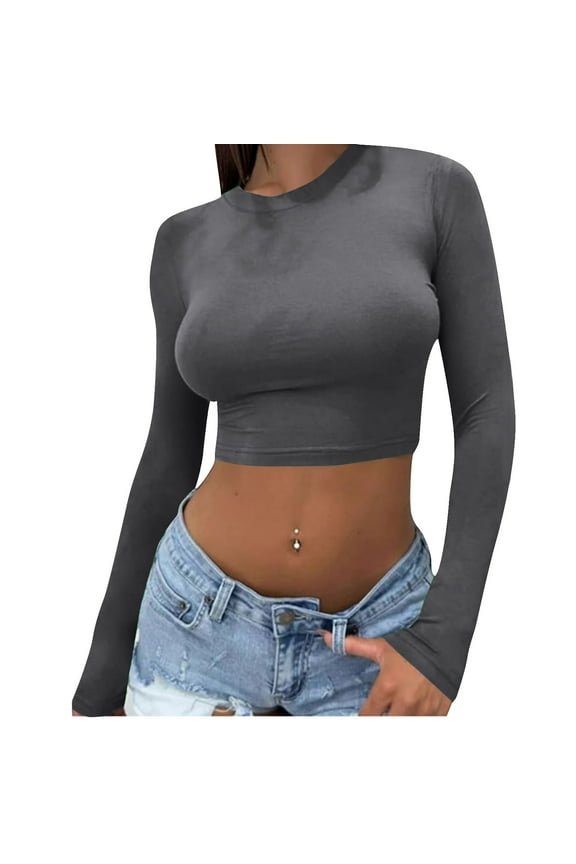 Women'S Solid-Colour Slim-Fit Long-Sleeved Crew-Neck Tops Shirts Women Cropped Blouse