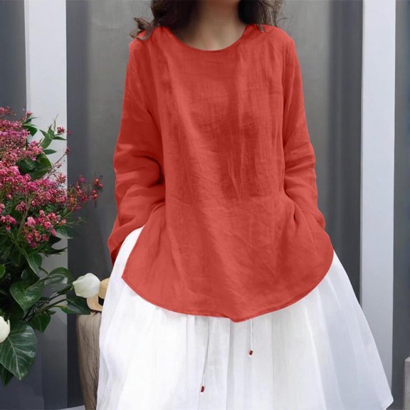 NuoCaiYun Women'S Spring and Summer Thin Medium-Length and Linen Solid Color Pullover Long-Sleeve Round Neck Tops