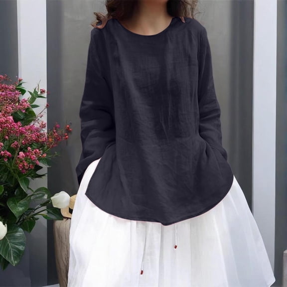 NuoCaiYun Women'S Spring and Summer Thin Medium-Length and Linen Solid Color Pullover Long-Sleeve Round Neck Tops