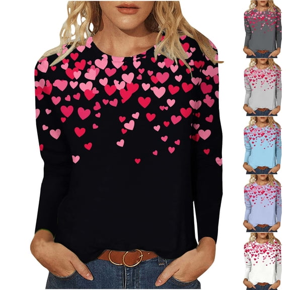 NuoCaiYun Women'S T-Shirt Valentine'S Day Print Casual Crew Neck Oversized Pullover Ladies Long Sleeve Tops
