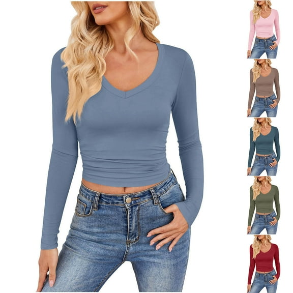 NuoCaiYun Women'S V-Neck T-Shirt Long Sleeve Milk Silk Base Long Sleeve V-Neck Tops Fall Winter