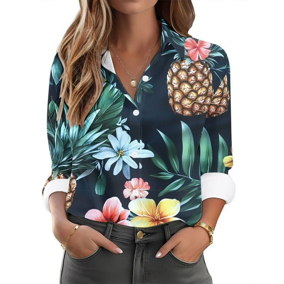 NuoCaiYun Women Shirts, Women'S Casual Fashion Hawaiian Print Single-Breasted Long-Sleeve Shirt with Lapel Collar