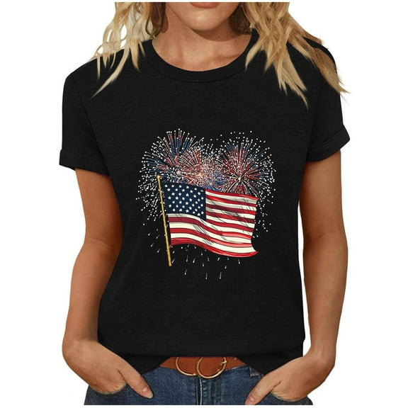 NuoCaiYun Women Spring Summer Tops, Ladies Short Sleeve Blouses Round Neck Casual Independence Day Printed T-Shirts