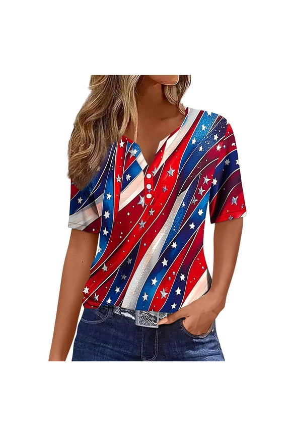 Women Spring Summer Tops, Ladies Short Sleeve Blouses V Neck Button Casual Independence Day Printed T-Shirts