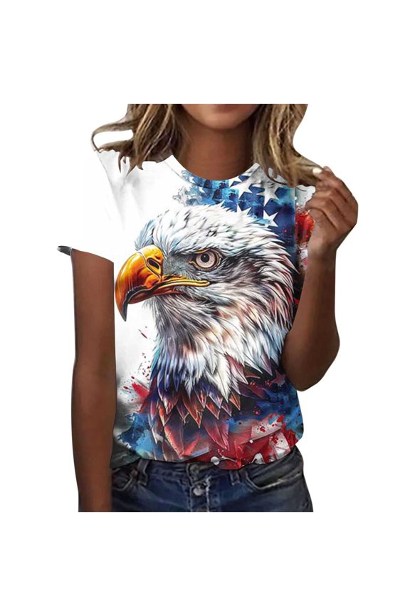 Women Summer Tops, Ladies Short Sleeve Round Neck Casual Independence Day Printed T-Shirt Blouses