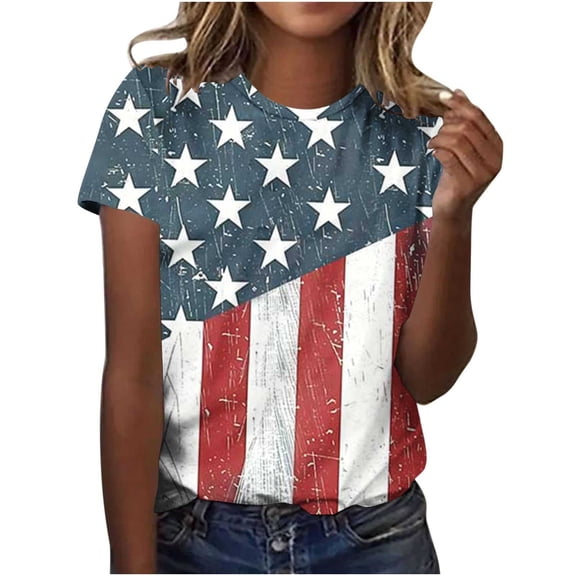 NuoCaiYun Women Summer Tops, Ladies Short Sleeve Round Neck Casual Independence Day Printed T-Shirt Blouses