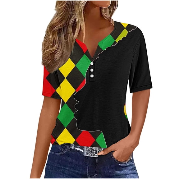 NuoCaiYun Women Summer Tops, Ladies Short Sleeve V Neck Button Casual Independence Day Printed T-Shirt Blouses