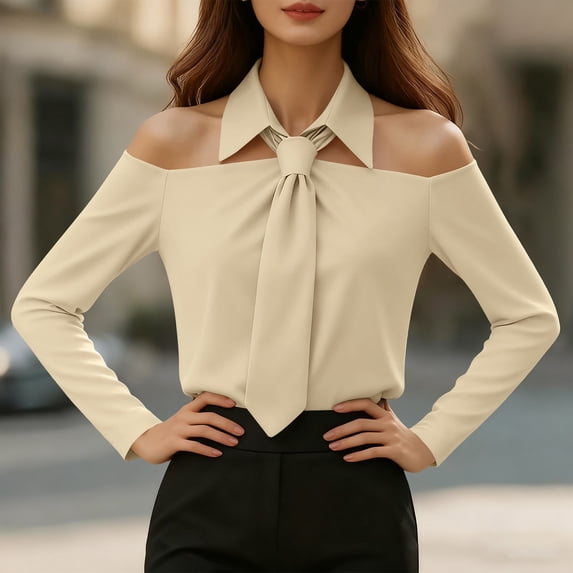 NuoCaiYun Women Turn-Down Collar Shirt, Women'S Fashion Long-Sleeve Collared Tie Shirt Long-Sleeve Off-Shoulder Tops