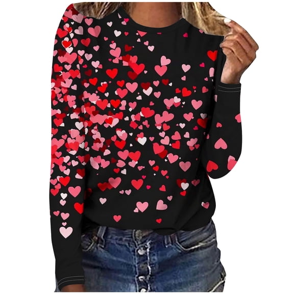 NuoCaiYun Women Valentines Day Shirts Love Heart Printed Cute Tops Crewneck Long Sleeve Tshirts Graphic Tees