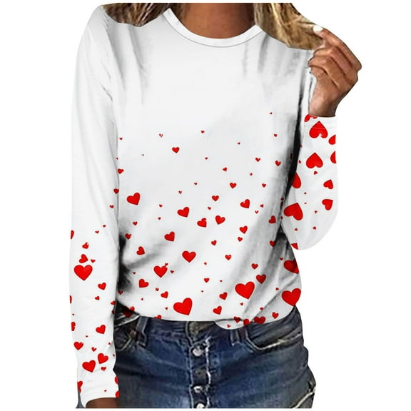 NuoCaiYun Women Valentines Day Shirts Love Heart Printed Cute Tops Crewneck Long Sleeve Tshirts Graphic Tees