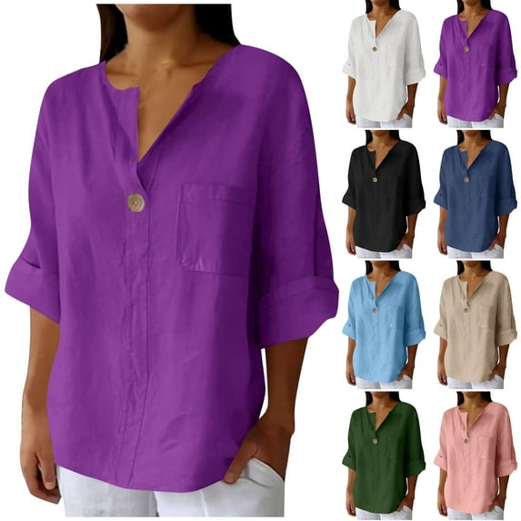 NuoCaiYun Women's 3/4 Sleeve Shirts Cotton Lined Henley Tshirt Dressy Casual V Neck Button T-Shirts Solid Work Blouses