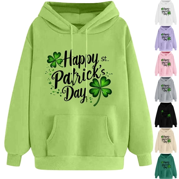 NuoCaiYun Women's Funny Print St. Patrick's Day Hooded Drawstring Pullover Long Sleeved Loose Comfortable Sweatshirt with Pocket