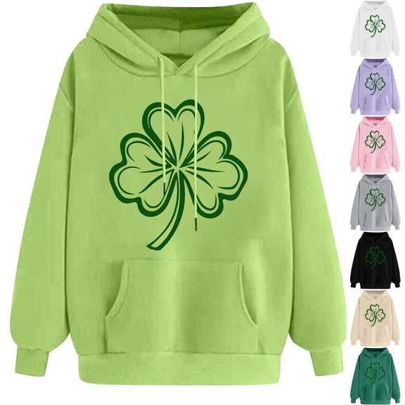 NuoCaiYun Women's Funny Print St. Patrick's Day Hooded Drawstring Pullover Long Sleeved Loose Comfortable Sweatshirt with Pocket
