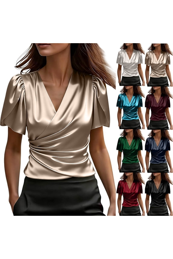 Women's Satin Silk Blouses Wrap V Neck Puff Sleeve Shirts Casual Short Sleeve Pleated Office Work Tops